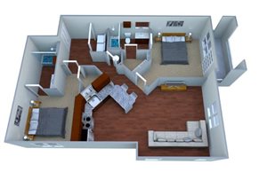 A 3D rendered image of a house layout.